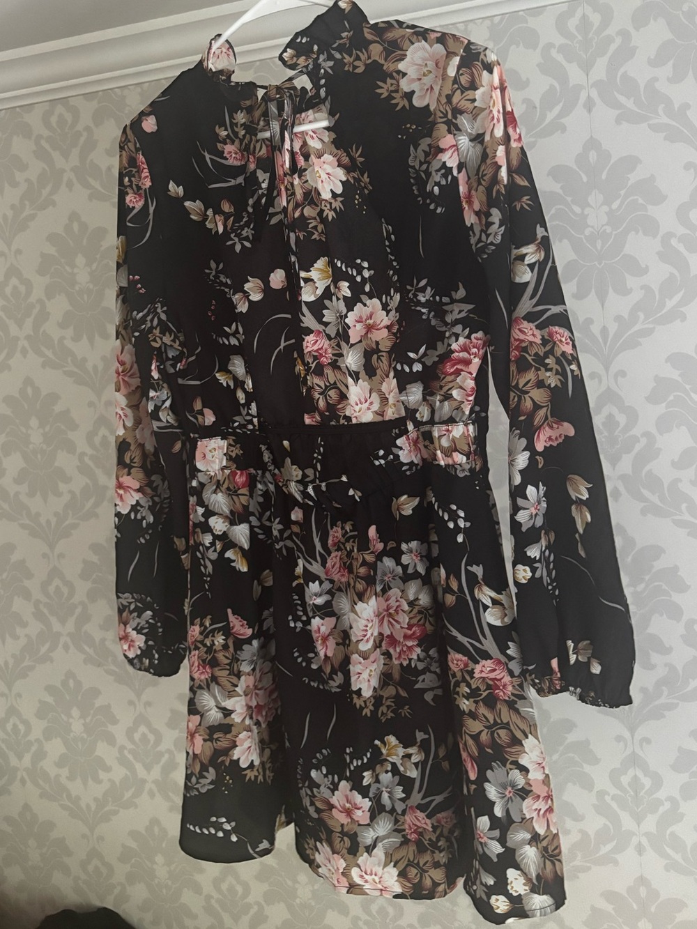 Backless, Long-Sleeve, Mock Neck, Floral Mini Dress